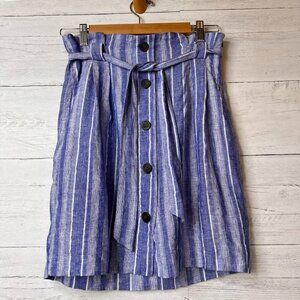 H&M Skirt Size Large Blue & White Linen Blend Striped Faux Buttons Belted Mini
